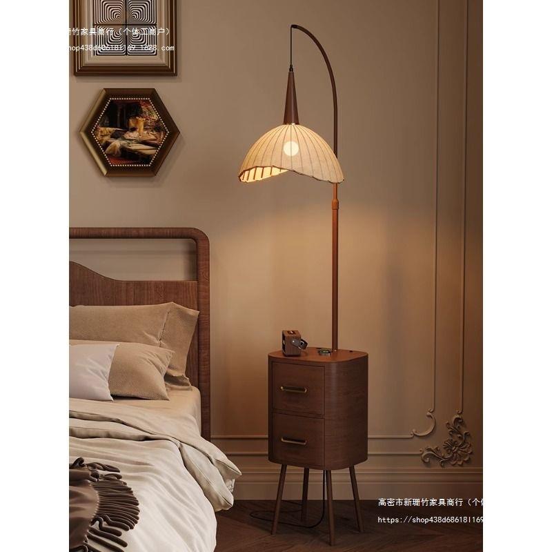 中古风卧室床头柜收纳置物一体式台灯抽屉家用客厅卧室氛围落地灯
