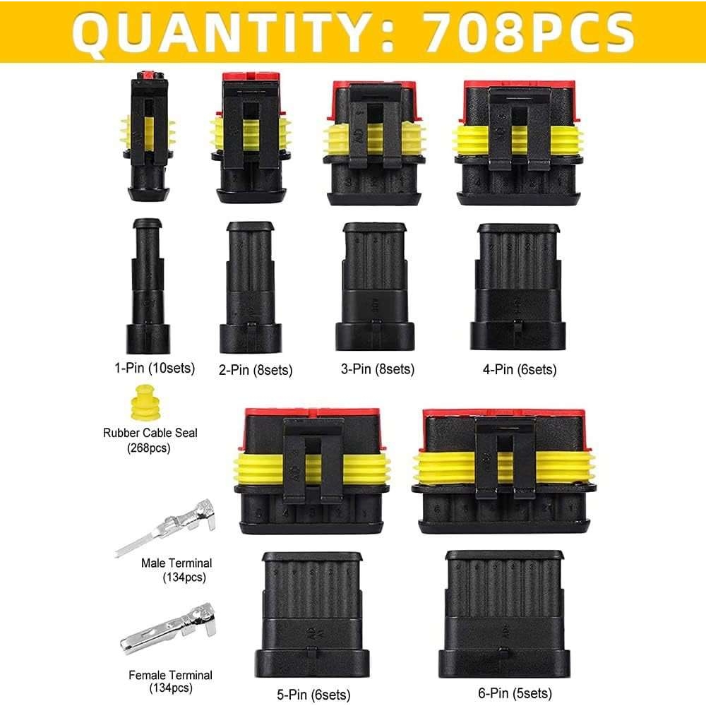 跨境 711pcs盒装 1-6孔HID汽车防水连接器/AMP公母插头+退针器