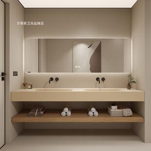 奶油风无缝洗漱台盆酒店民宿卫生间浴室柜组合轻奢岩板热弯一体盆