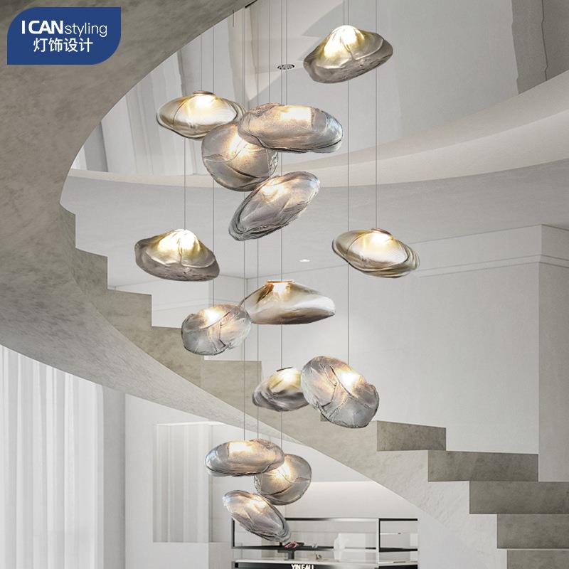 复式挑空loft楼梯长线吊灯设计师玻璃云朵灯公寓售楼大别墅客厅灯