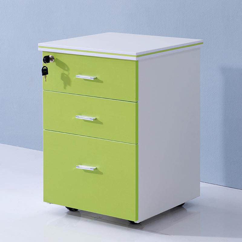 移动办公资料柜子储物文件柜矮柜床头三抽屉活动柜木质带锁果绿色