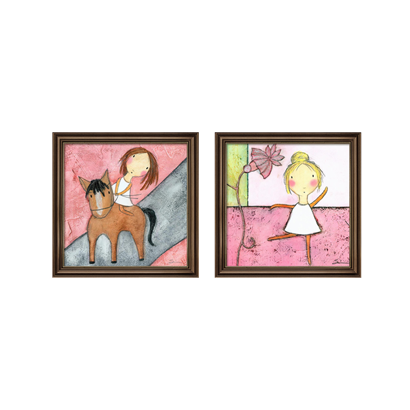 儿童房卧室装饰画抽象p画女孩骑马卡通挂画美式床头粉色公主房墙图片