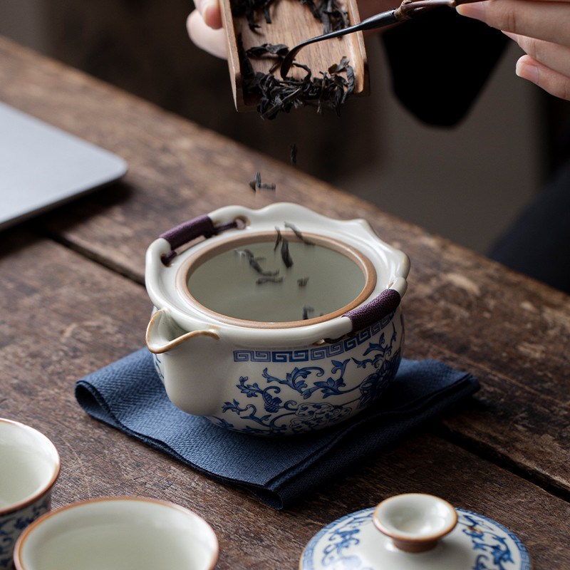 青花汝窑缠d枝莲旅行茶具套装便携式快客杯一壶三杯户外随身泡茶