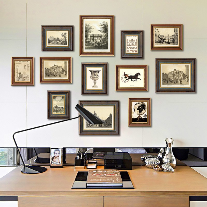 美式覆古照片墙玄关装饰画实木z相框挂墙组合创意个性书房餐厅壁