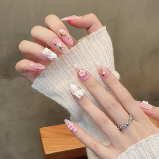 中式立体晕染小狐狸国风气质手绘杏仁甲短款手工穿戴甲假指甲贴片