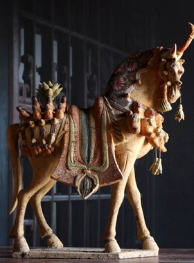 仿古陶马北魏画彩陶马t复古家居装饰博古架摆件古玩老件收藏