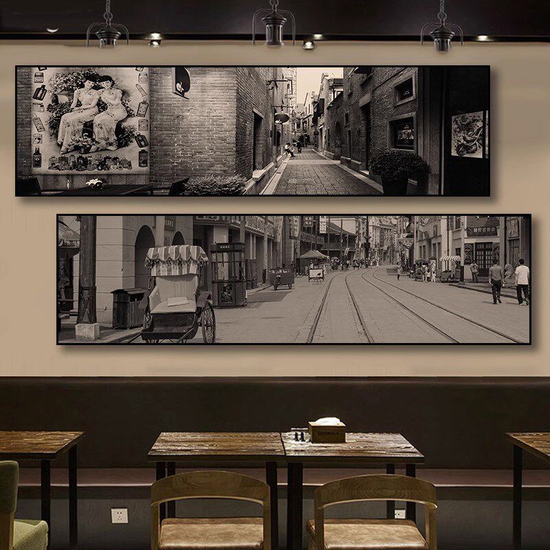 老上海挂画d复古怀旧民国风建筑装饰画中式包厢烧烤店饭店餐厅壁