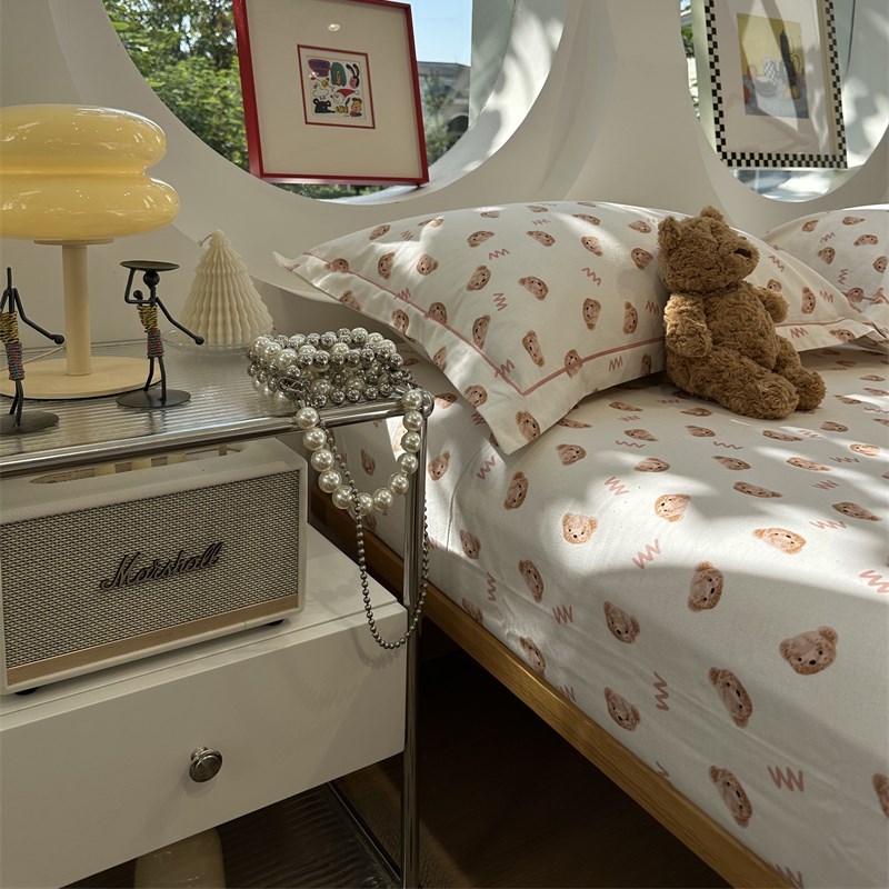 卡通小棕熊秋冬磨毛床n笠床单枕套单件1.35m1.5全棉床垫保护套