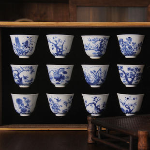 清康熙青花手绘十二花神杯一套茶杯茶具古玩古Q董陶V瓷器仿古收藏