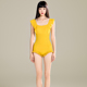 KISSINGGOURAMI黄色花边运动连体泳衣女性感显瘦露背冲浪休闲泳装