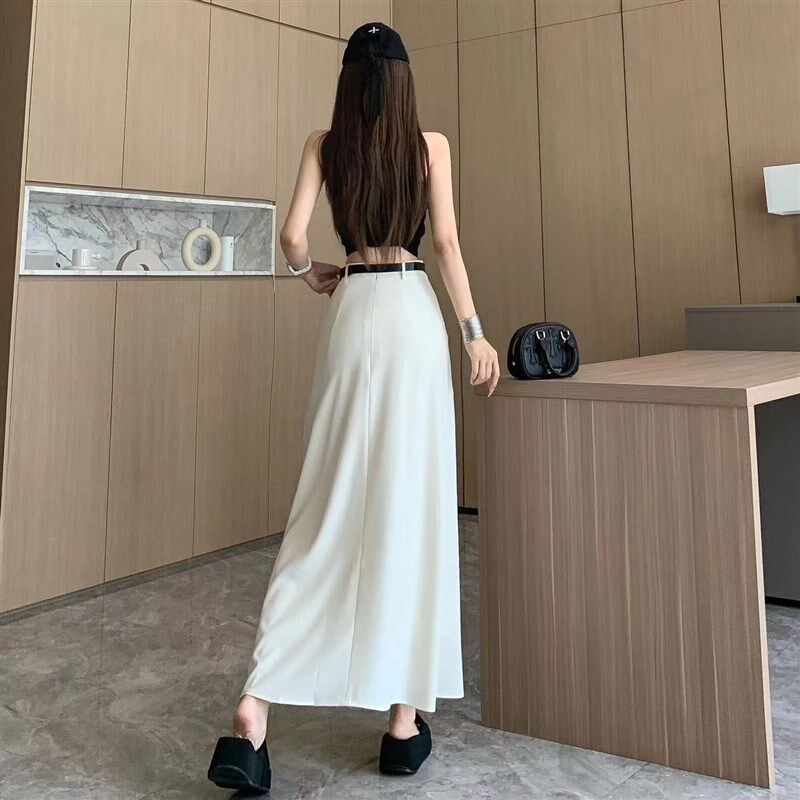 新品米白色西装半身m裙女中长款春夏设计感高腰a字裙垂感休闲大摆