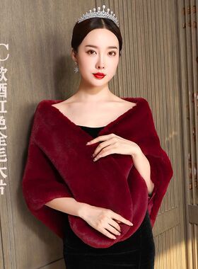 极速酒红色e新娘婚纱披肩秋冬仿狐狸毛皮草加厚保暖结婚礼服斗篷