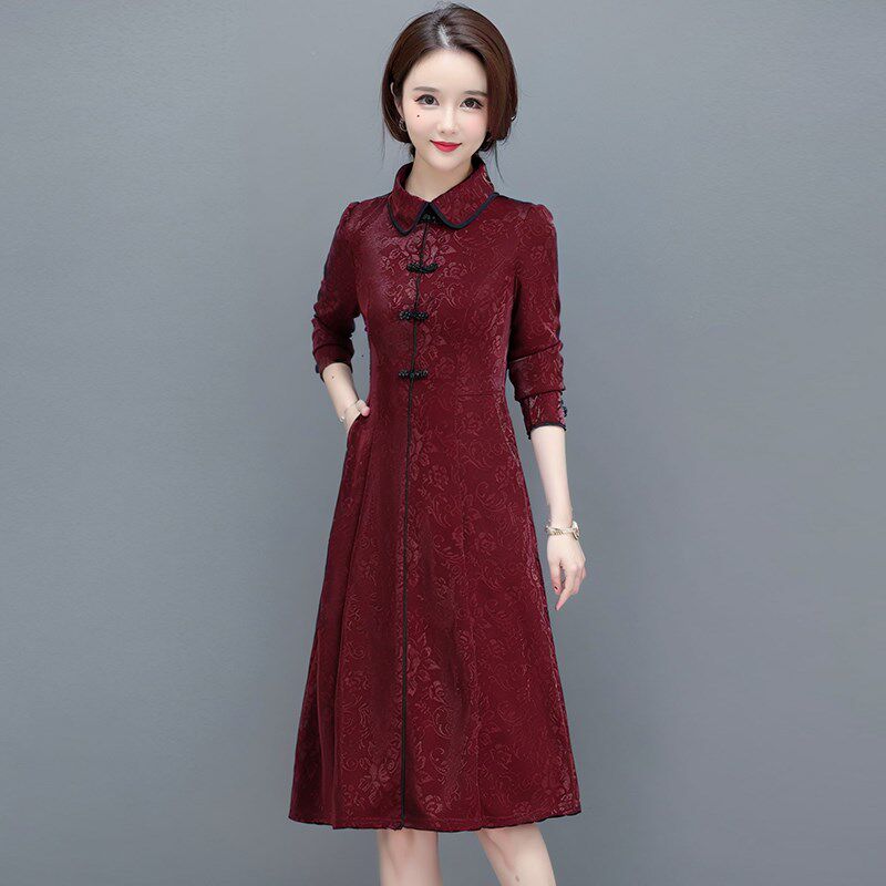 新品新中式改良旗袍长袖连衣裙女2C025秋季新款小个子妈妈修身红