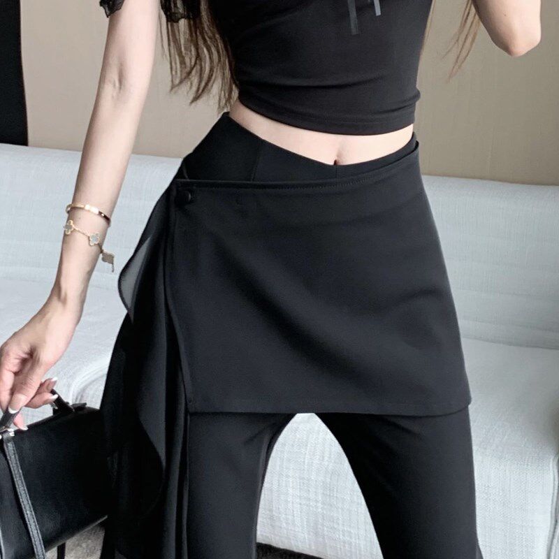 新品黑色微喇西装裤女夏季设计感网F纱拼接假两件屁帘高腰裤垂感