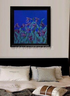 当代艺术鸢尾花蓝色系纯手绘油画客厅卧室植物R花卉装饰品玄关挂