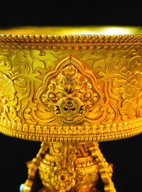 纯铜酥油灯座尼泊尔工艺手工錾刻鎏F金八吉祥酥油灯杯五寸七寸九