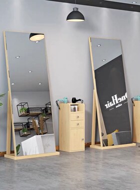 实木网红理发店镜台美发镜子发廊专用LHED镜子实木带灯简约落地镜