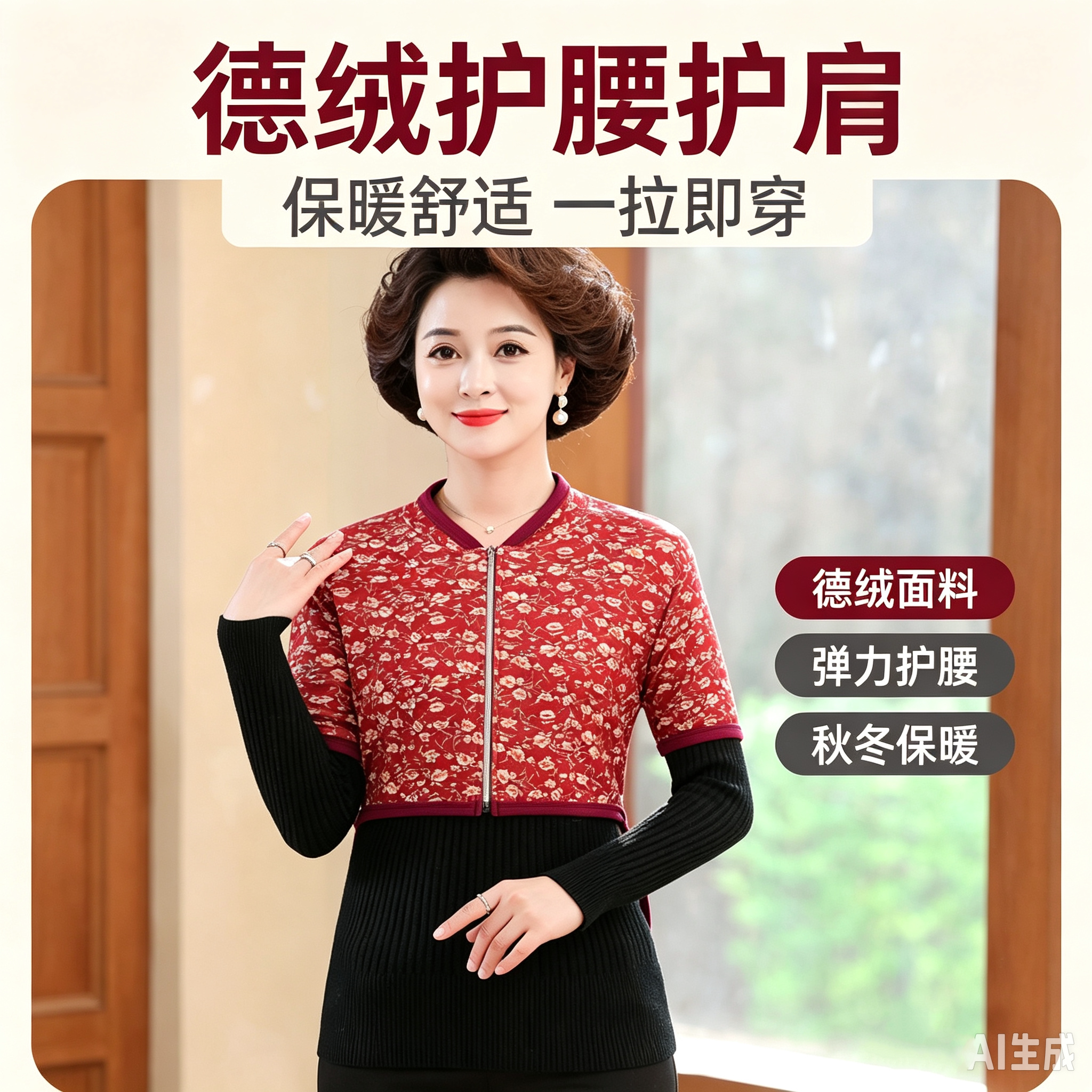 德绒保暖碎花拉链马甲
