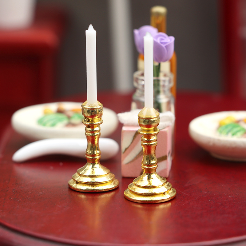 1:12娃娃屋DOLLHOUSE迷你家具配件生活场景 金色单枝烛台模型1对
