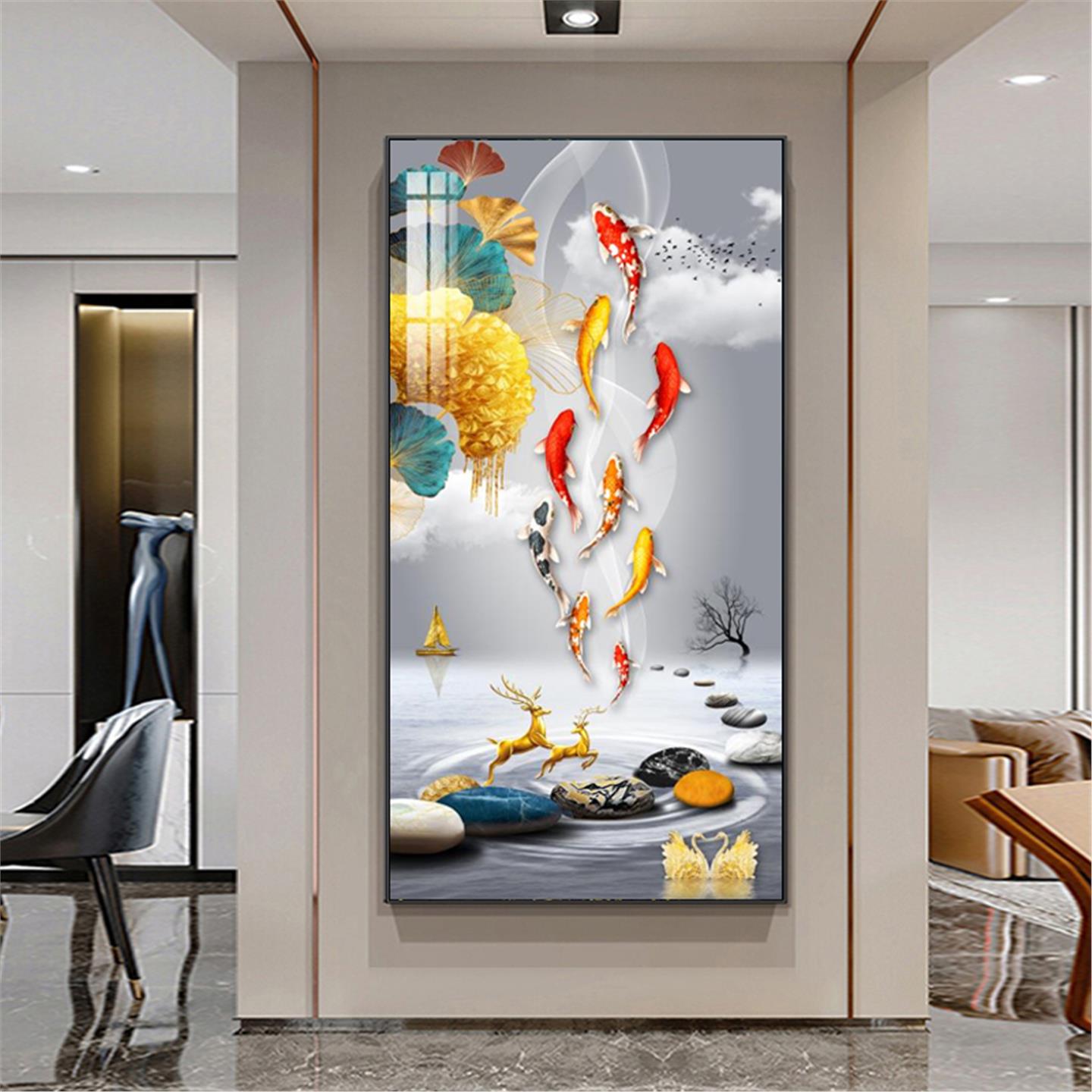 新中式九鱼图客厅玄关装饰画走廊过道鲤鱼现代艺术挂画晶瓷镶钻画图片
