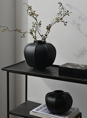 新中式荆褐色黑色蒙砂灯笼型玻璃花器花瓶M摆件现代样板间酒店装