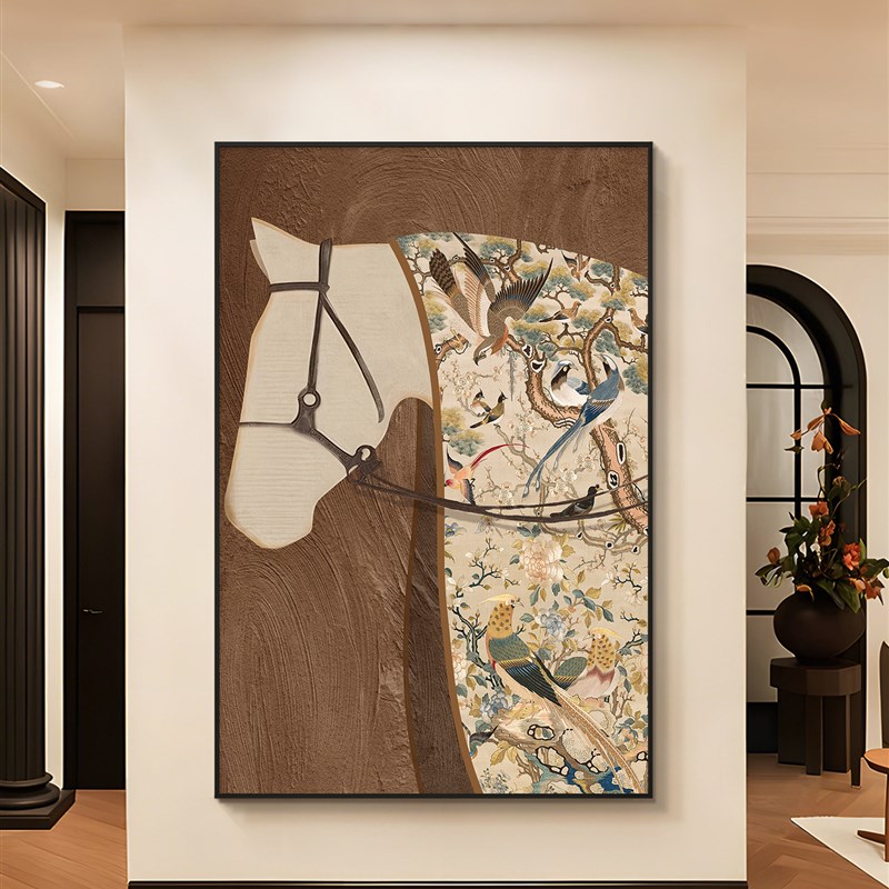 中古风客厅装饰画马到成功覆古沙A发背景墙挂画高级感新款玄关壁