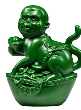 绿色木雕猴子摆件实木三合十二生肖猴I家居办公室动物装饰工艺品