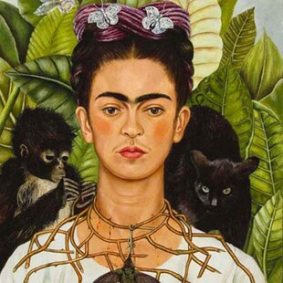 女画家弗里达卡罗油画戴着r荆条与蜂鸟项链自画像Frida Kahlo手绘