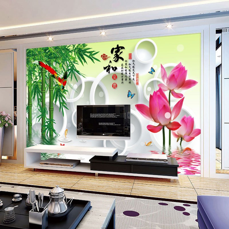 中式壁纸3D立体荷花竹子山水风景电视背景墙纸壁纸客厅影视墙壁画