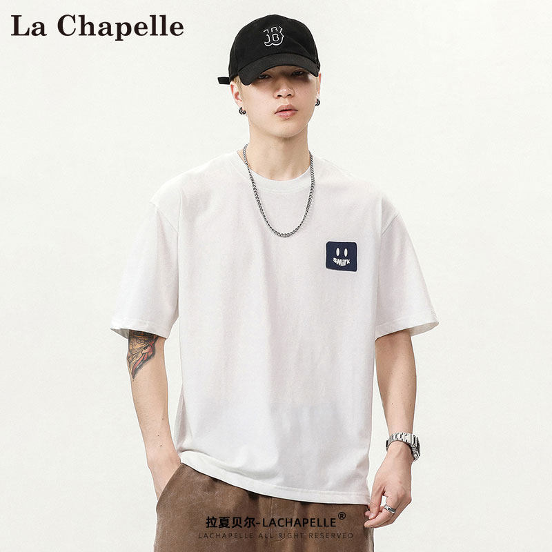 拉夏贝尔白色短袖t恤男士夏季笑脸印花潮流半袖上衣宽松透气衣服