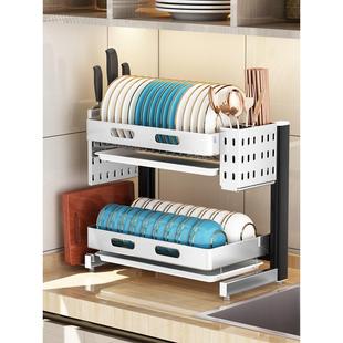 太空铝放碗架沥水架台面家用双层碗碟收纳架碗盘滴水架厨房置物架