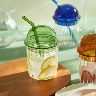 肆月 水杯大容量杯子玻璃杯家用耐高温带盖吸管杯果汁杯啵啵杯ins