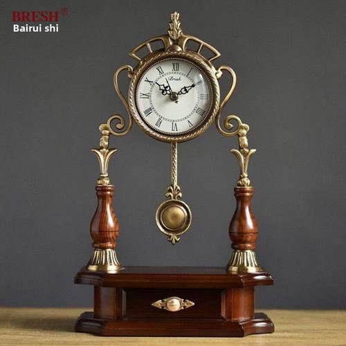 欧式轻奢实木配铜座钟 创意铜坐钟 客厅家居潮流时尚简约钟表