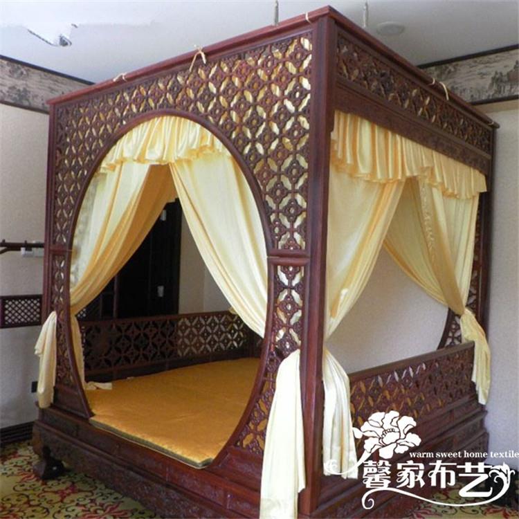 画檐中式仿古实木架子床幔帘月牙明清古典蚊帐防风保暖帘遮光绸缎