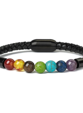 跨境新款男士虎眼石磁吸扣圆形石皮革手链8mm潮流皮绳饰品