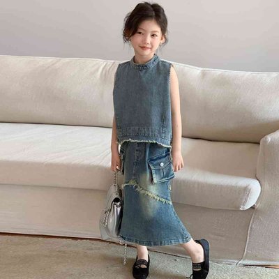 韩国童装2024夏款女童设计感无袖牛仔马甲上衣中大童女宝潮范衣服
