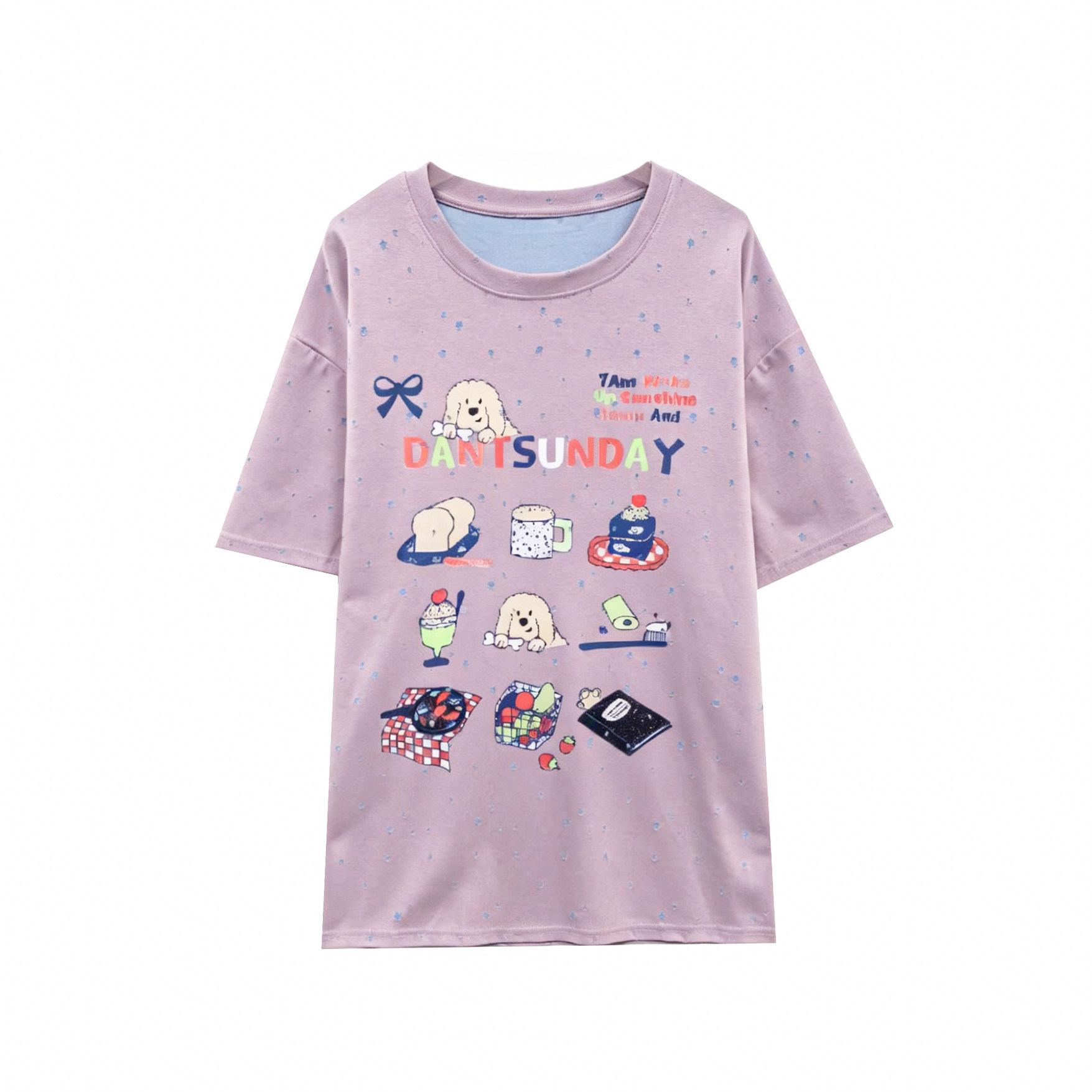 【小田tia专享】趣味小狗卡通 星星破洞设计大版圆领短袖T恤女