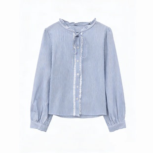 小田tia专享 蝴蝶结系带长袖 蕾丝拼接条纹衬衫 新款 衬衣 春季