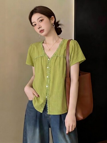 【甜馨tia专享】设计感蕾丝花边衬衫女 森系减龄洋气V领衬衫