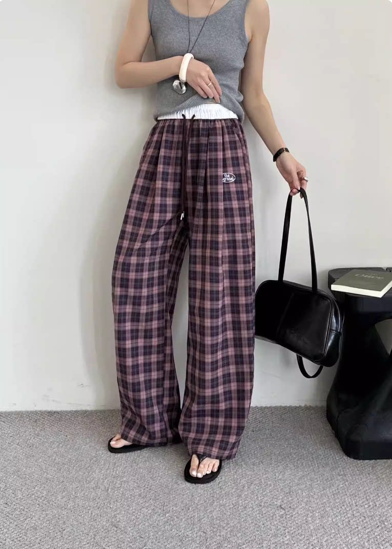 【小田tia专享】美式格子 撞色抽绳拼色腰休闲格子裤