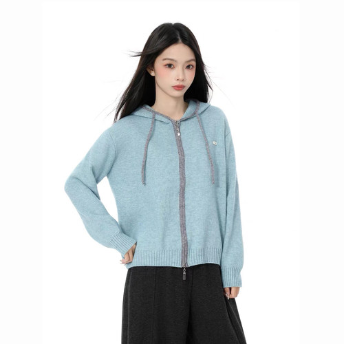 【小田tia专享】慵懒感双拉链连帽针织百搭开衫女