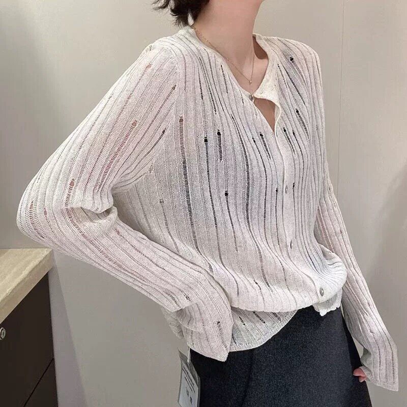 【小田tia专享】镂空亚麻针织开衫 显瘦纯色破洞防晒开衫女