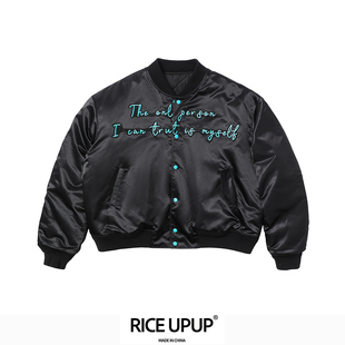RICEUPUP“米精灵”荧光蓝刺绣尼龙棒球夹克