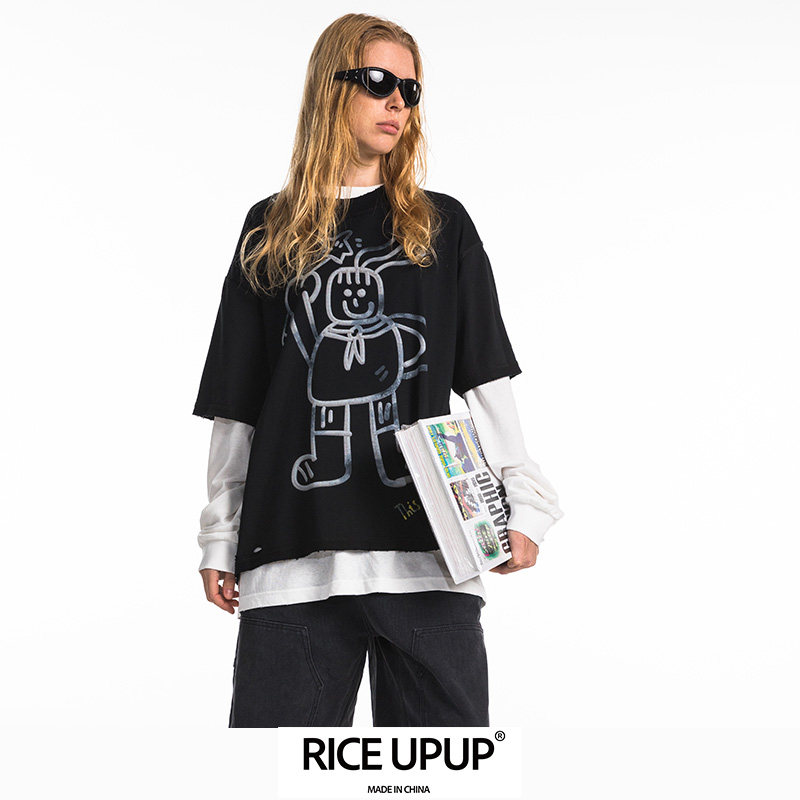 【重工爆款】Riceupup“米女士”手绘涂鸦黑色破洞水洗重工T恤