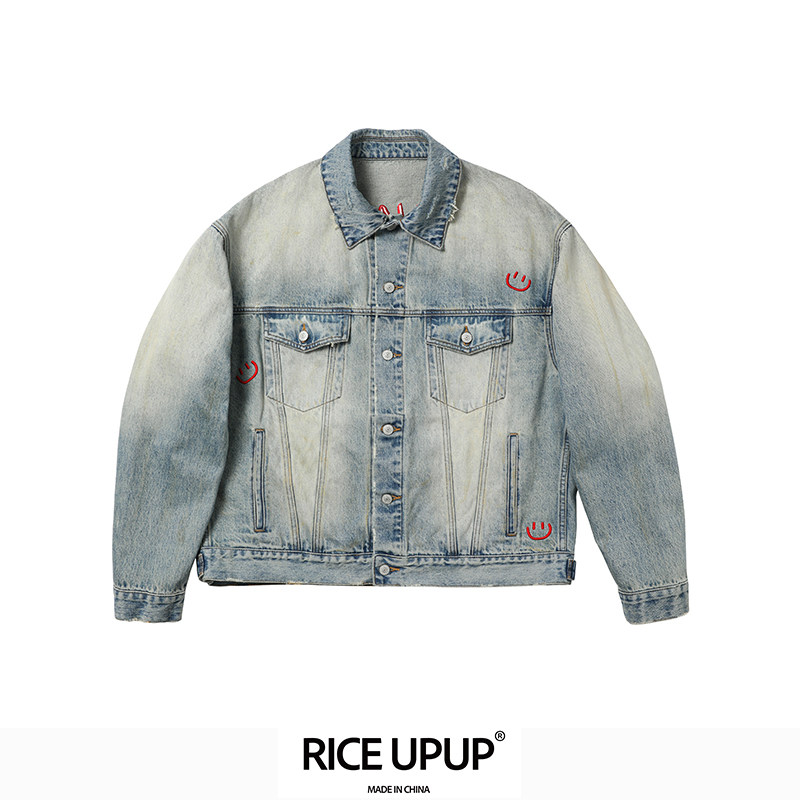 【都市松弛】Riceupup“高兴笑脸”红色笑脸刺绣牛仔外套