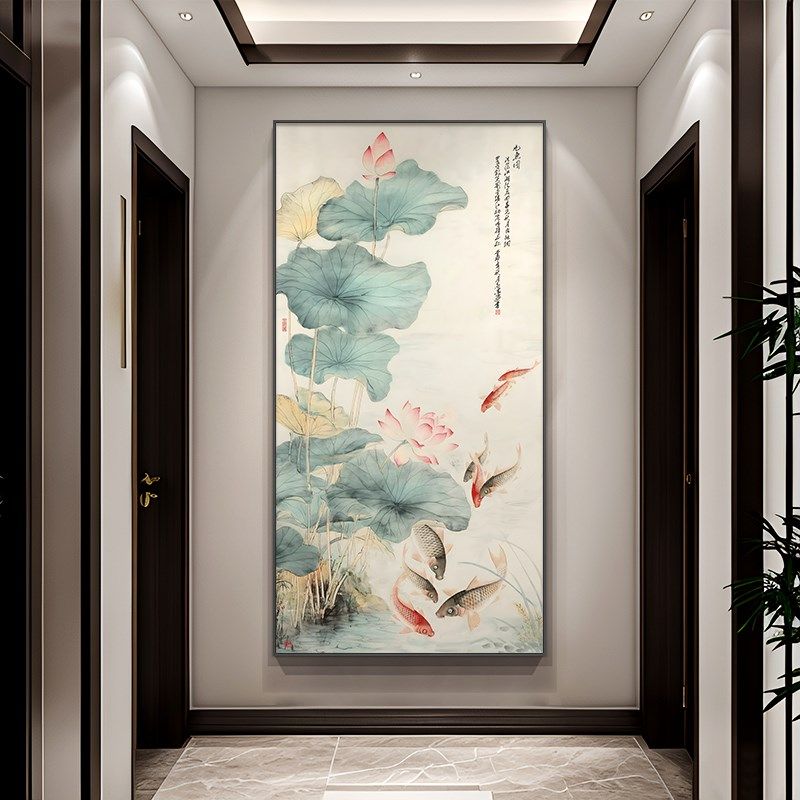 荷花九鱼图入户玄关装饰画新x中式寓意正对门走廊过道挂画招财壁,家居饰品,现代装饰画,淘宝优惠券,粉丝福利购,淘宝优惠卷
