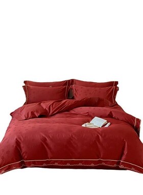 新婚雅婚庆四件套全棉 100支高C端提花蝴蝶结红色被套结婚床上用