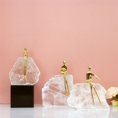 轻奢现代桌c面铜人天然矿石摆件新中式样板间玄关电视柜软装工艺