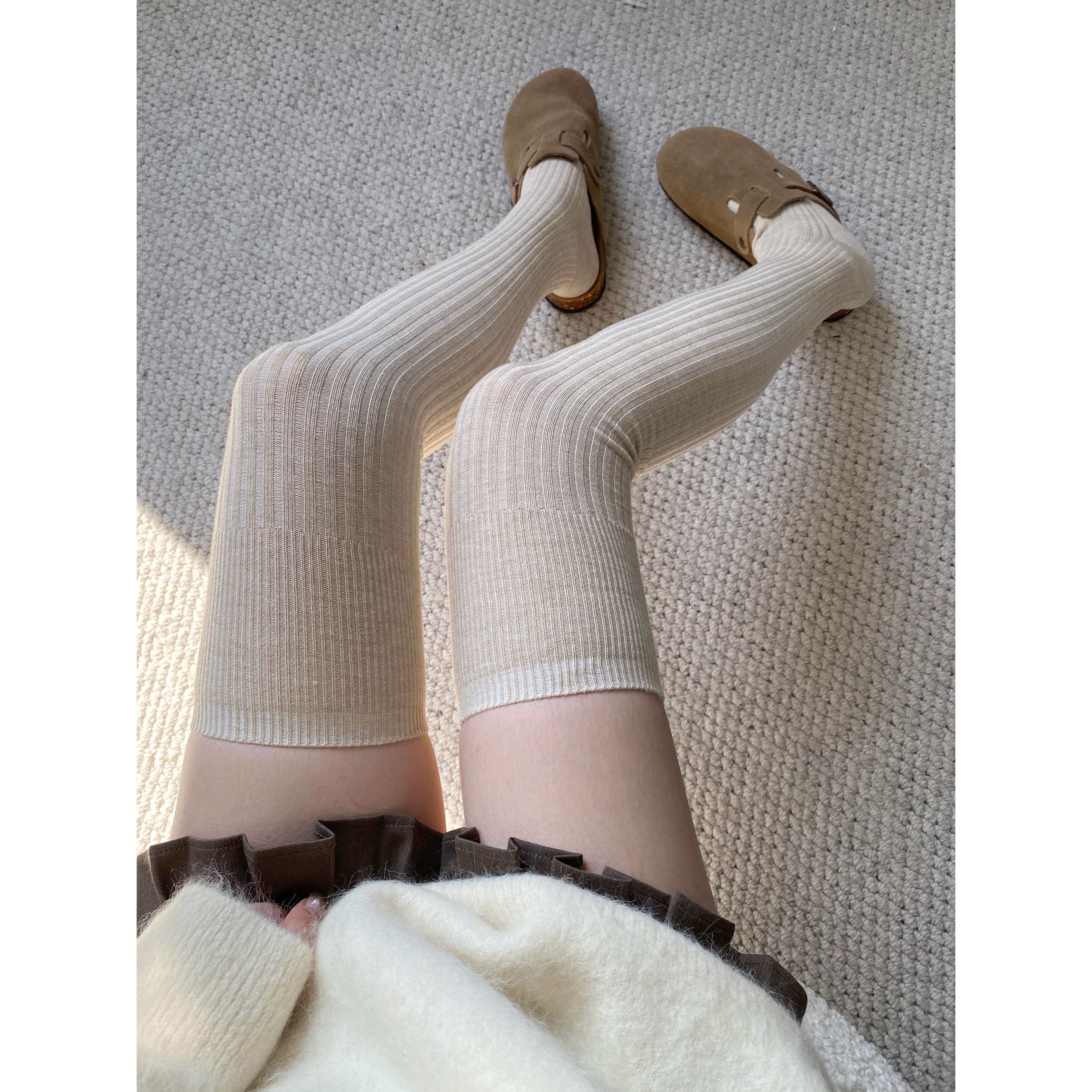 陆甜茶秋冬加厚奶白色长筒袜女大腿袜子保暖羊毛白色过膝袜高筒袜