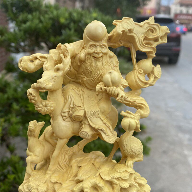黄杨木雕骑d鹿寿星摆件实木雕刻家居装饰老寿星贺寿长辈送礼工艺